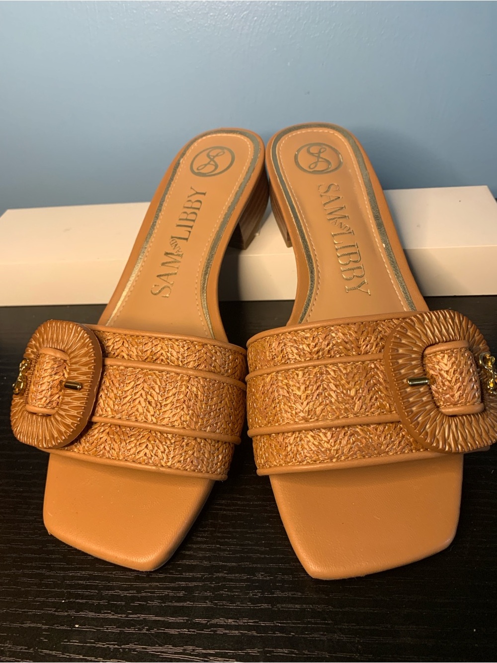 Sam & Libby Tan Woven Buckle Mule Slides